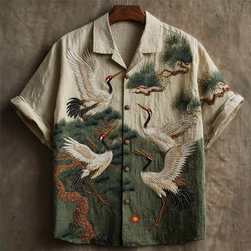 Japanese Cranes & Pine Trees Embroidered Contrast Linen Shirt - Beige green
