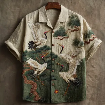 Japanese Cranes & Pine Trees Embroidered Contrast Linen Shirt - Beige green