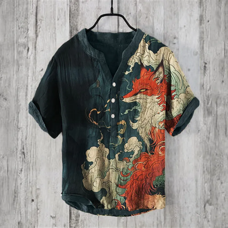 Men's Mythical Fox Japanese Art Linen Shirt - Dark green
