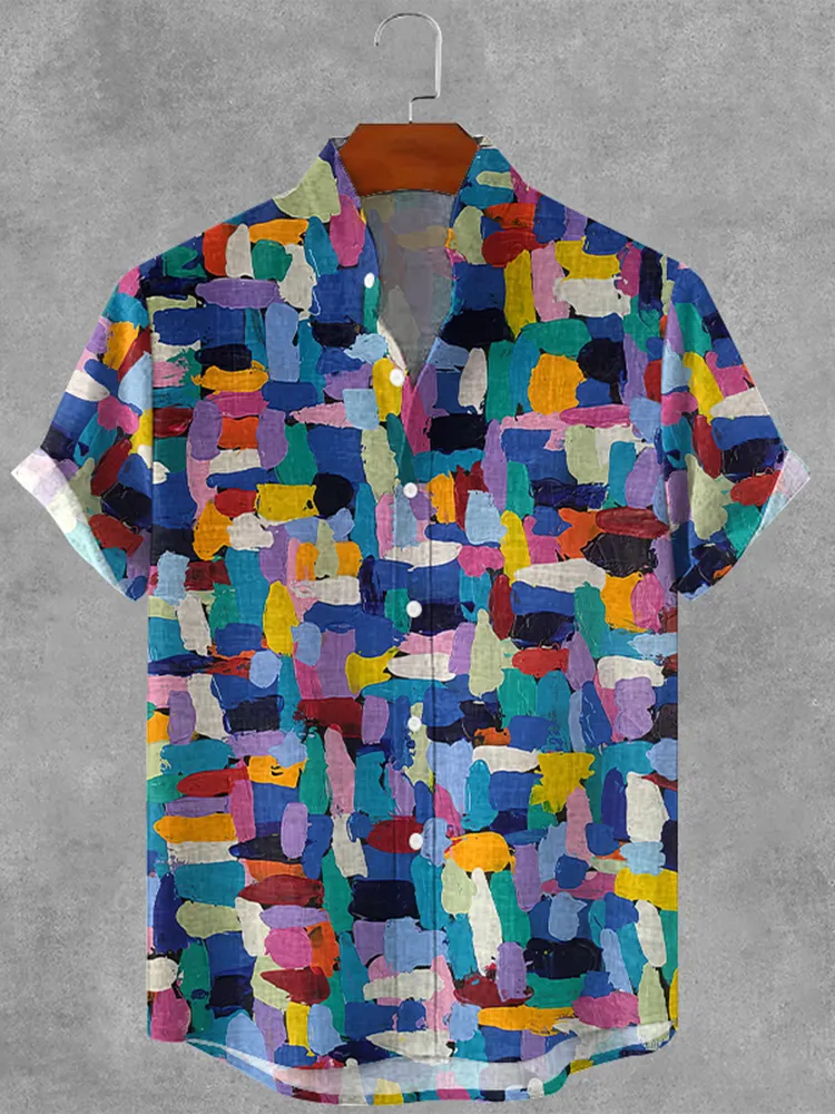 Retro Oil Painting Style Plaid Art Print Cotton And Linen Shirt - Multicolor