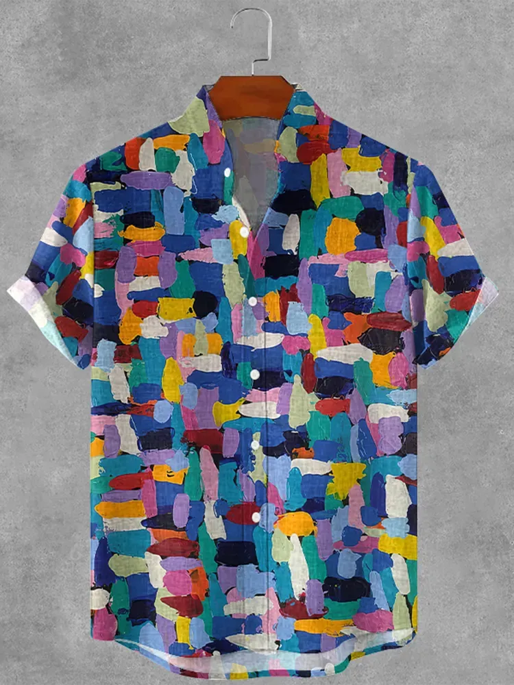 Retro Oil Painting Style Plaid Art Print Cotton And Linen Shirt - Multicolor