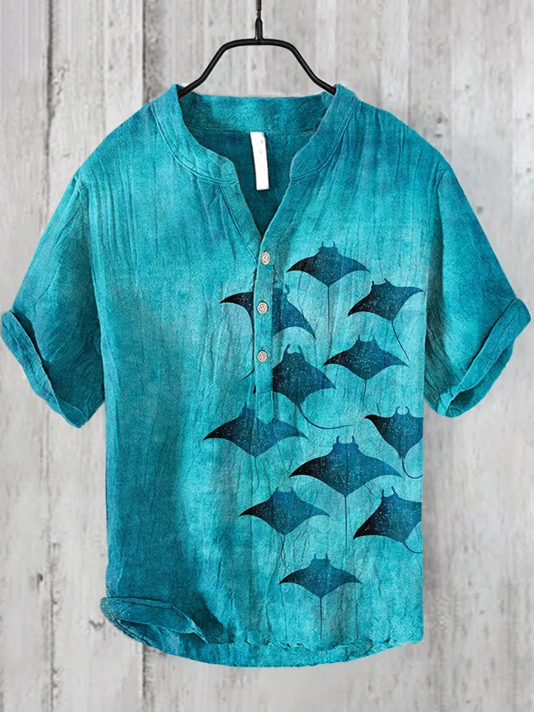 Manta Rays Art Print Linen Blend Casual Shirt - Blue