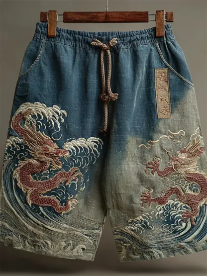 Japanese Dragons Sea Waves Embroidered Dyed Linen Shorts - Blue