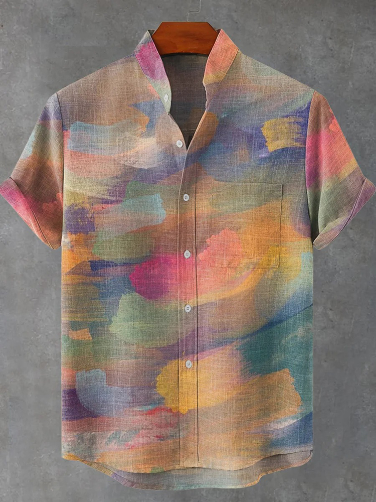 Vintage Gradient Oil Painting Art Print Casual Cotton Shirt - Pink