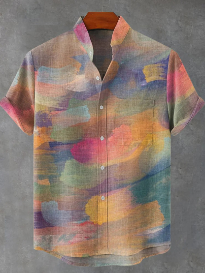 Vintage Gradient Oil Painting Art Print Casual Cotton Shirt - Pink