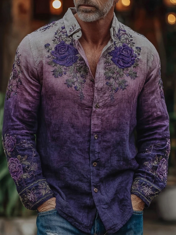 Men's Vintage Purple Flower Gradient Art Print Long Sleeve Shirt - Purple