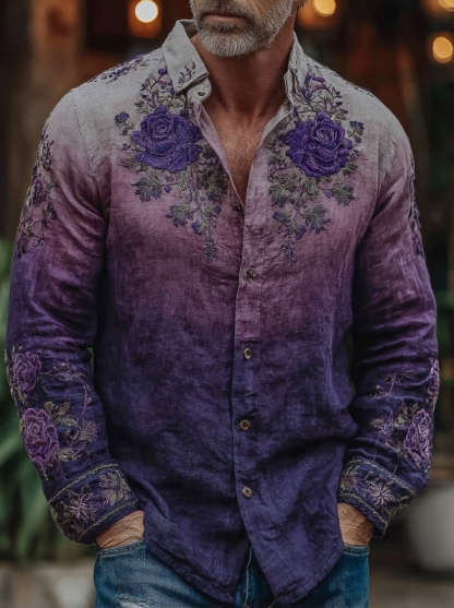 Men's Vintage Purple Flower Gradient Art Print Long Sleeve Shirt - Purple