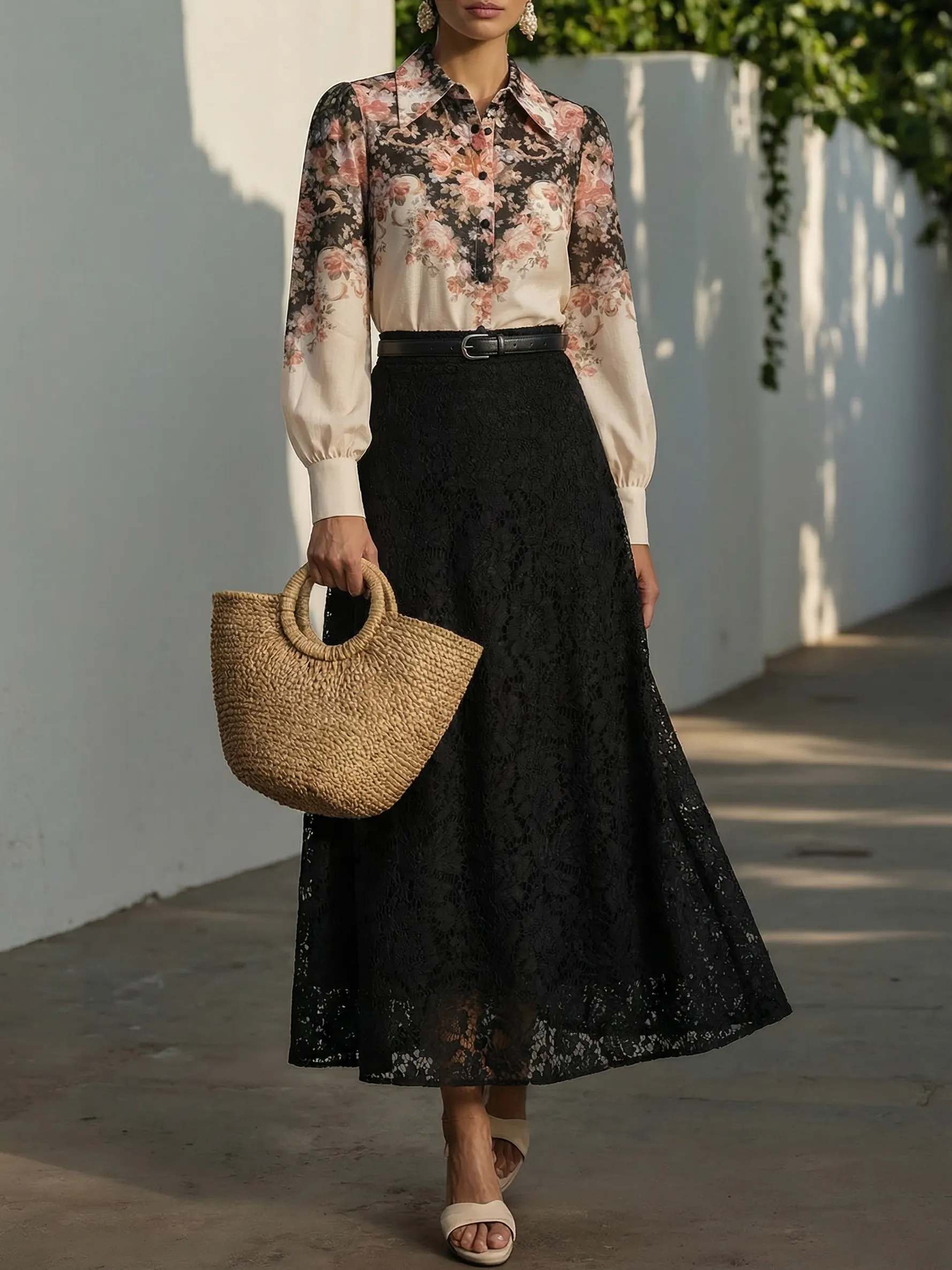 Cotton Shirt, Long Sleeves, Shawl Collar, Floral, Button Design, Vacation, Vintage, Apricot - Apricot