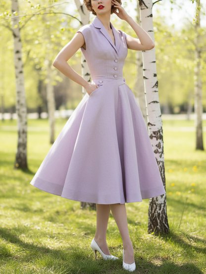 Midi Linen Dress, Sleeveless, Lapel Collar, Plain, Button Design, French Vintage, Light Purple - Light Purple