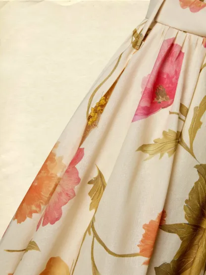 Maxi Cotton Dress, Sleeveless, V Neck, Floral, Belt Design, Vacation, Vintage, Apricot - Apricot