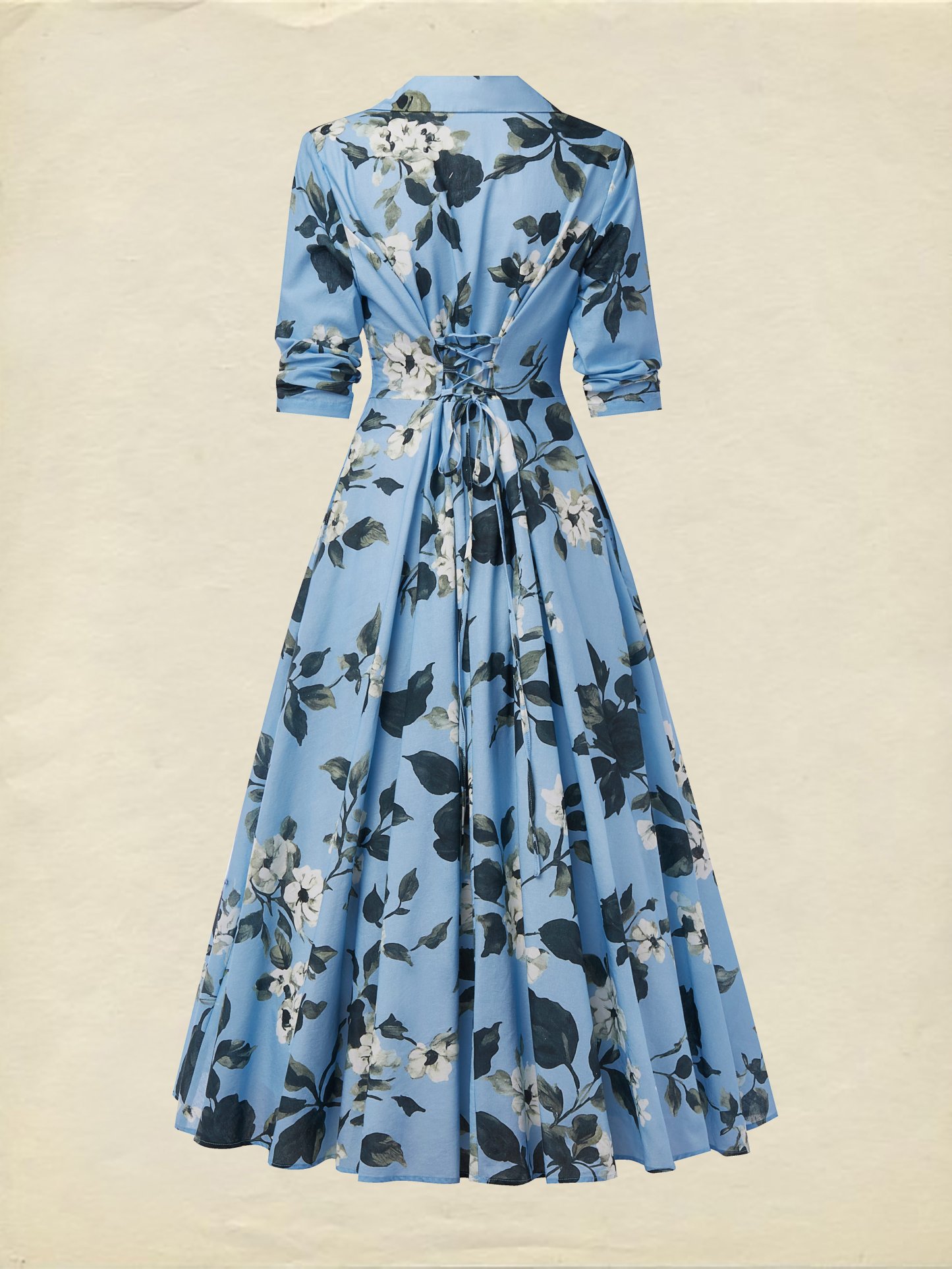 Maxi Linen Dress , Half Sleeve, Lapel Collar, Floral, Vacation, Vintage, Blue - Blue