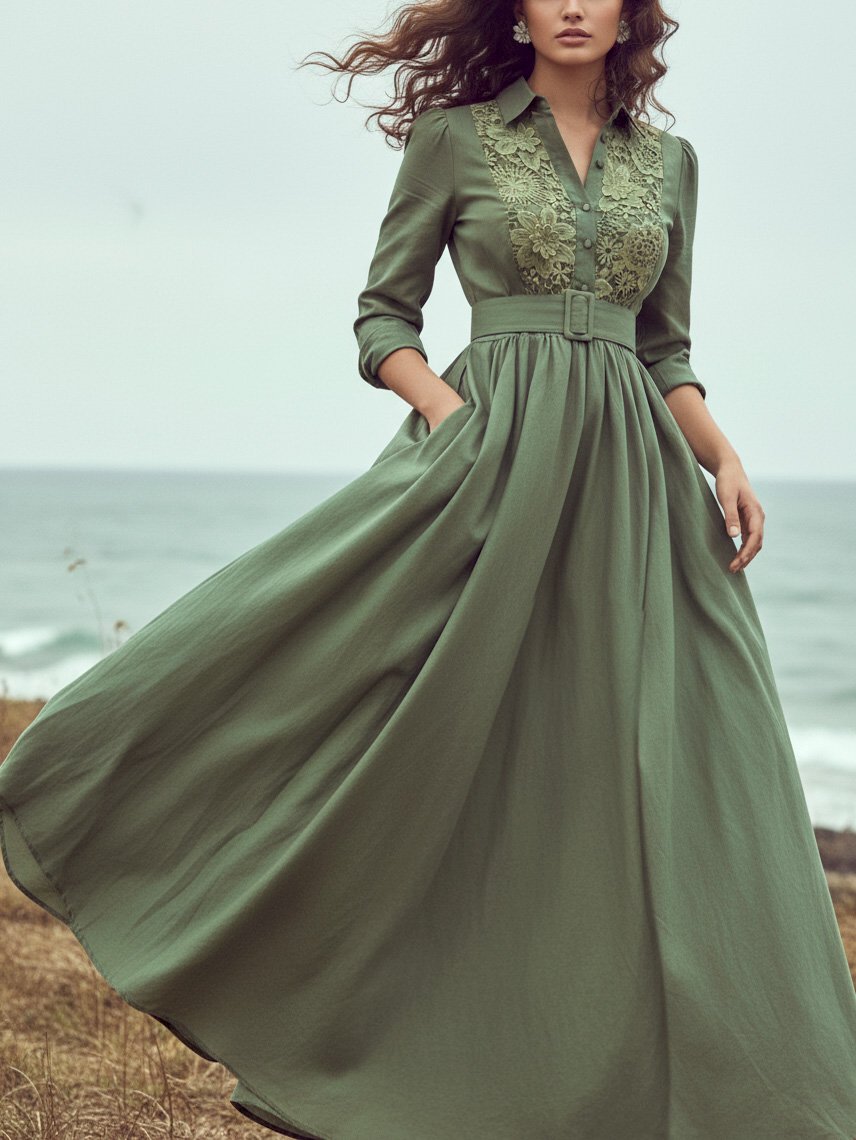 Maxi Linen Dress, Long Sleeves, Shawl Collar, Plain, Lace, Vacation, Vintage, Green - Green