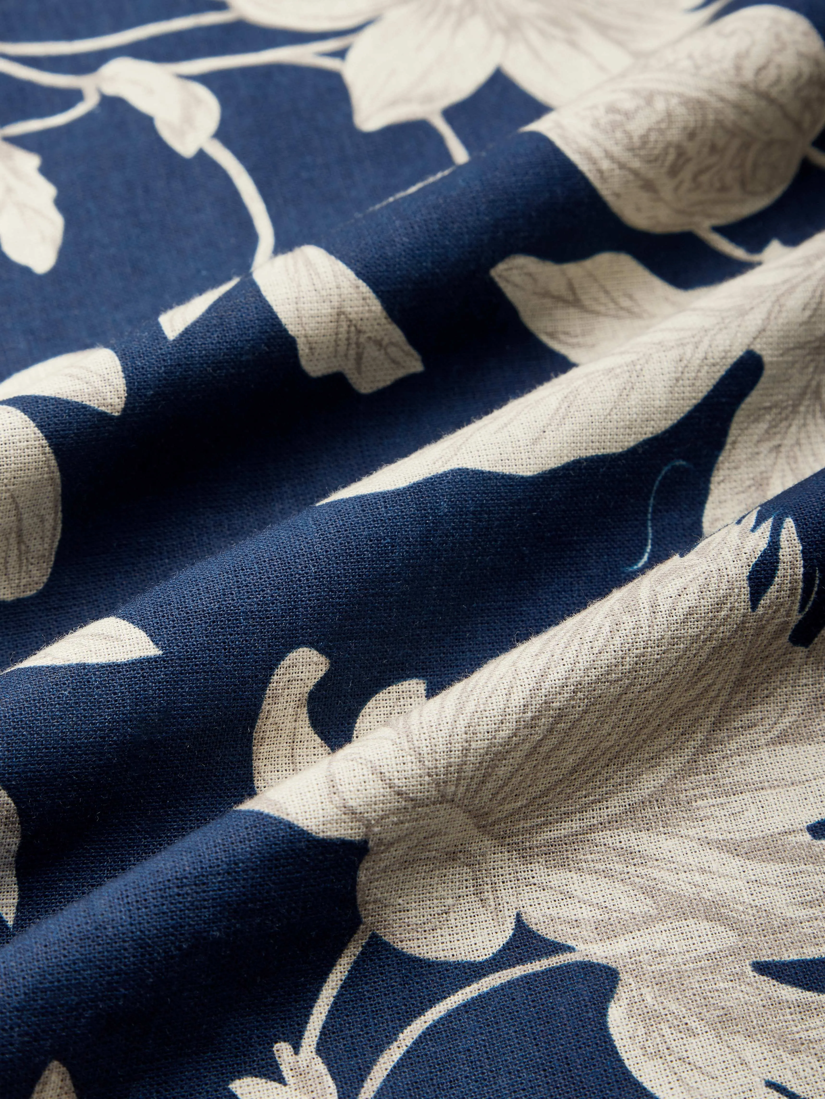 Midi Linen Dress , Cap Sleeves, V Neck, Floral, Button Design, Vintage, Dark Blue - Dark Blue