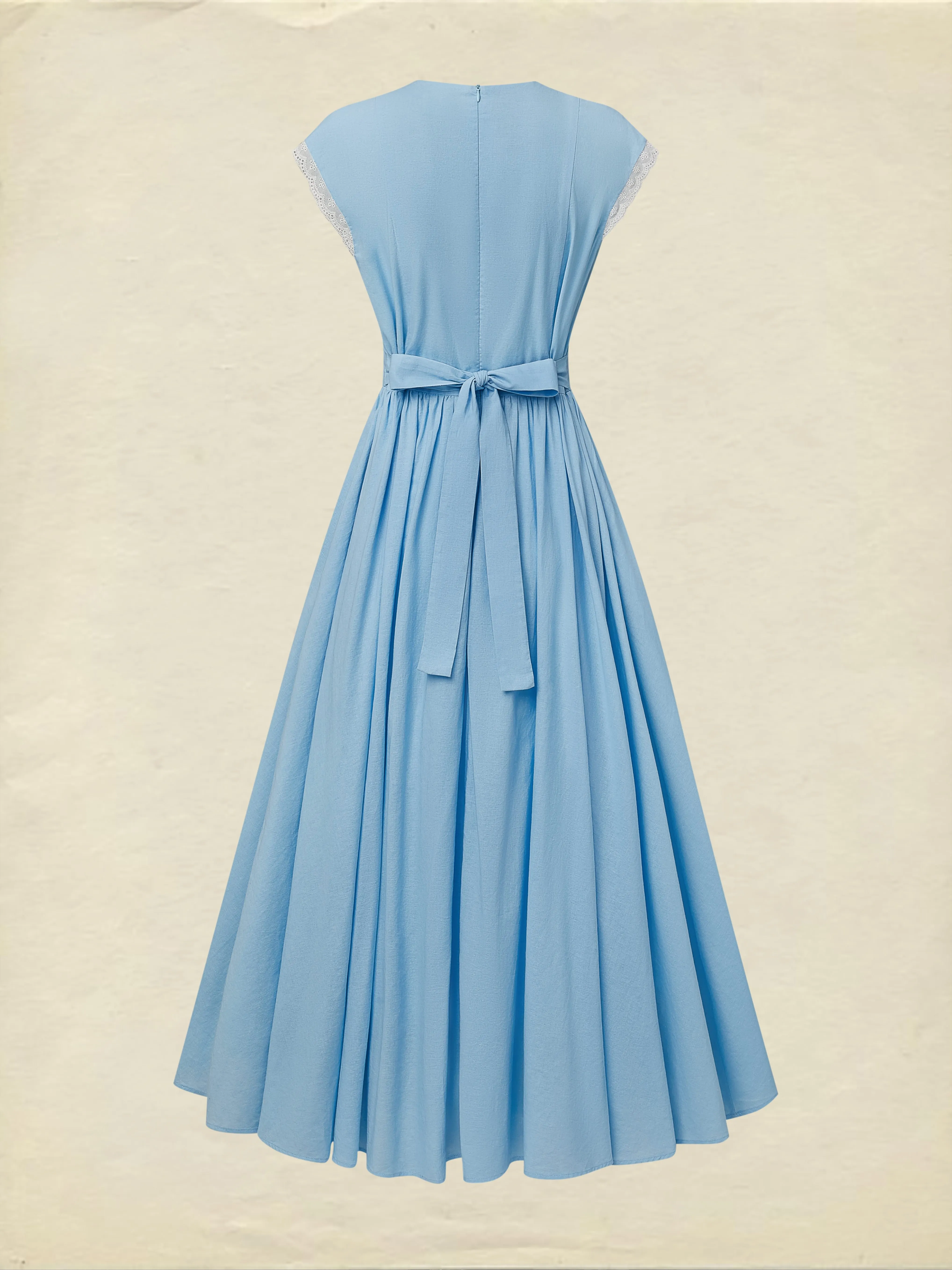Maxi Linen Dress , Cap Sleeves, V Neck, Plain, Button Design, Vintage, Blue - Blue