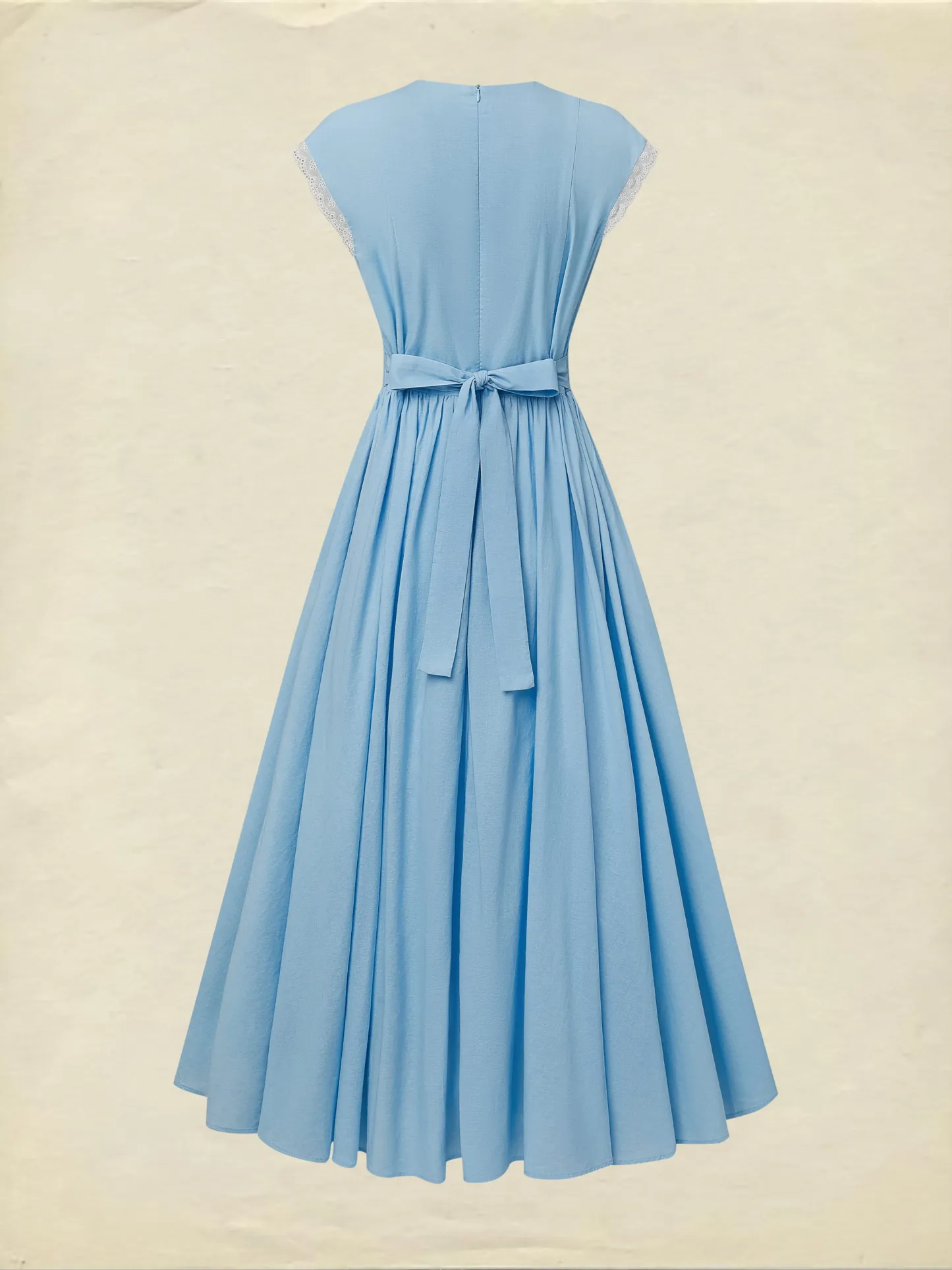 Maxi Linen Dress , Cap Sleeves, V Neck, Plain, Button Design, Vintage, Blue - Blue
