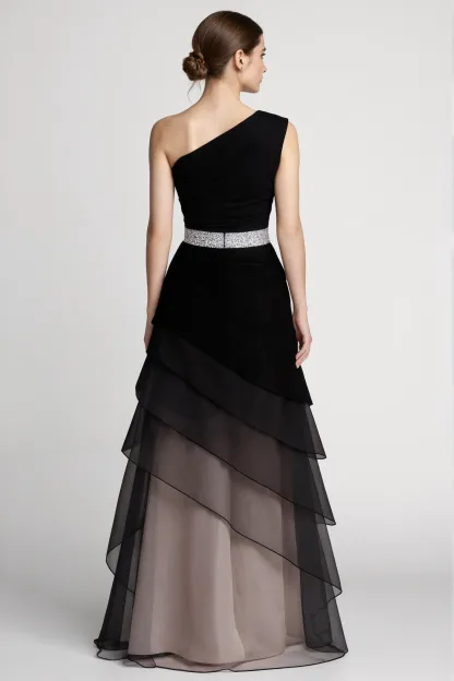 Formal Evening Dress Black One-Shoulder Multi-Layered Silver Belt Maxi Gown