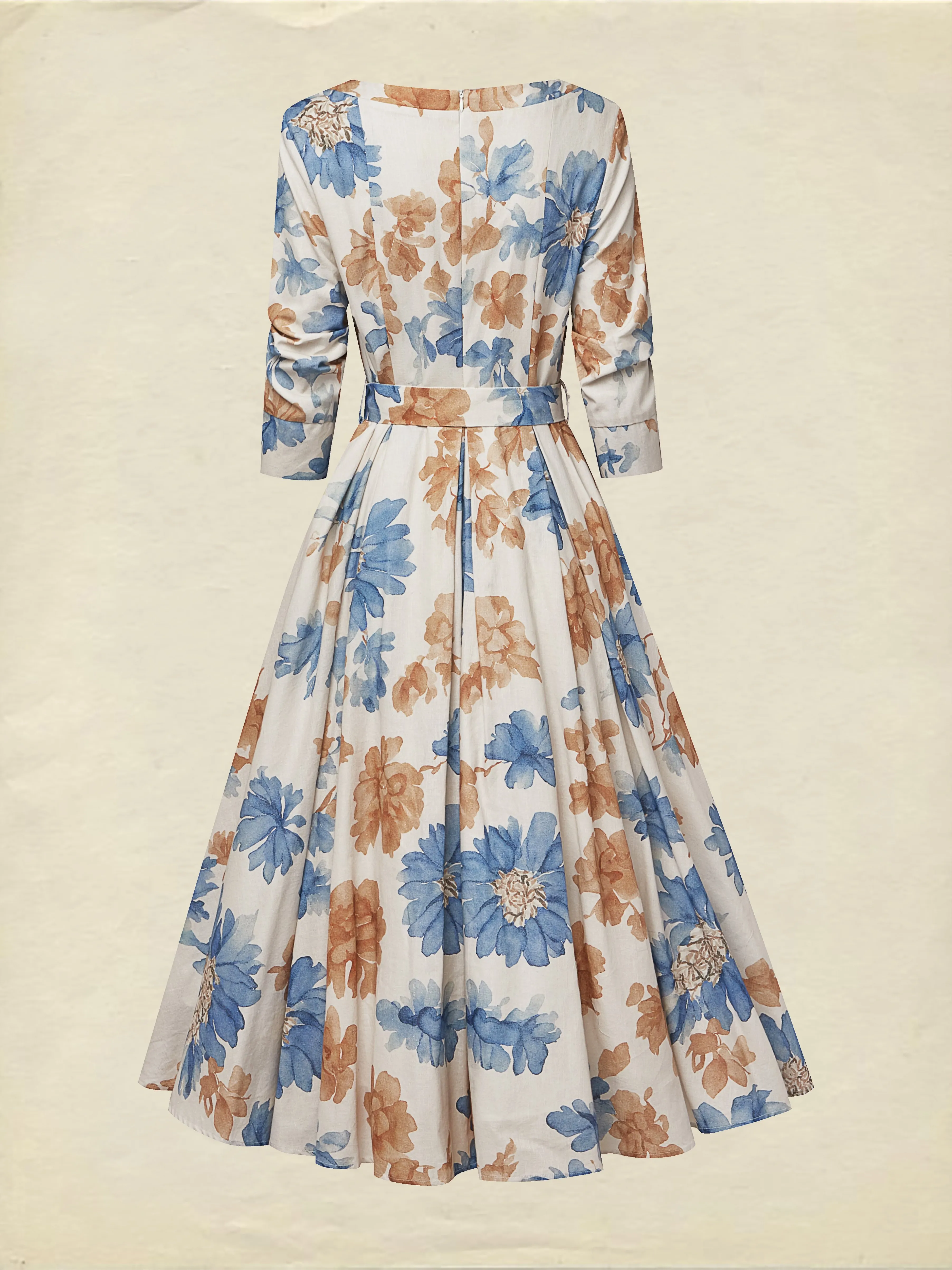 Midi Cotton Dress, Half Sleeve, Round Neck, Floral, Belt Design, Vintage, Khaki - Khaki