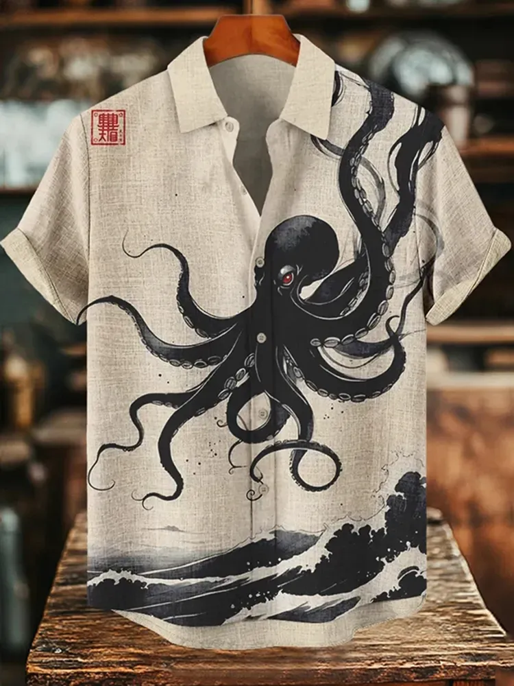 Men's Black Octopus Waves Japanese Art Print Casual Shirt - Khaki