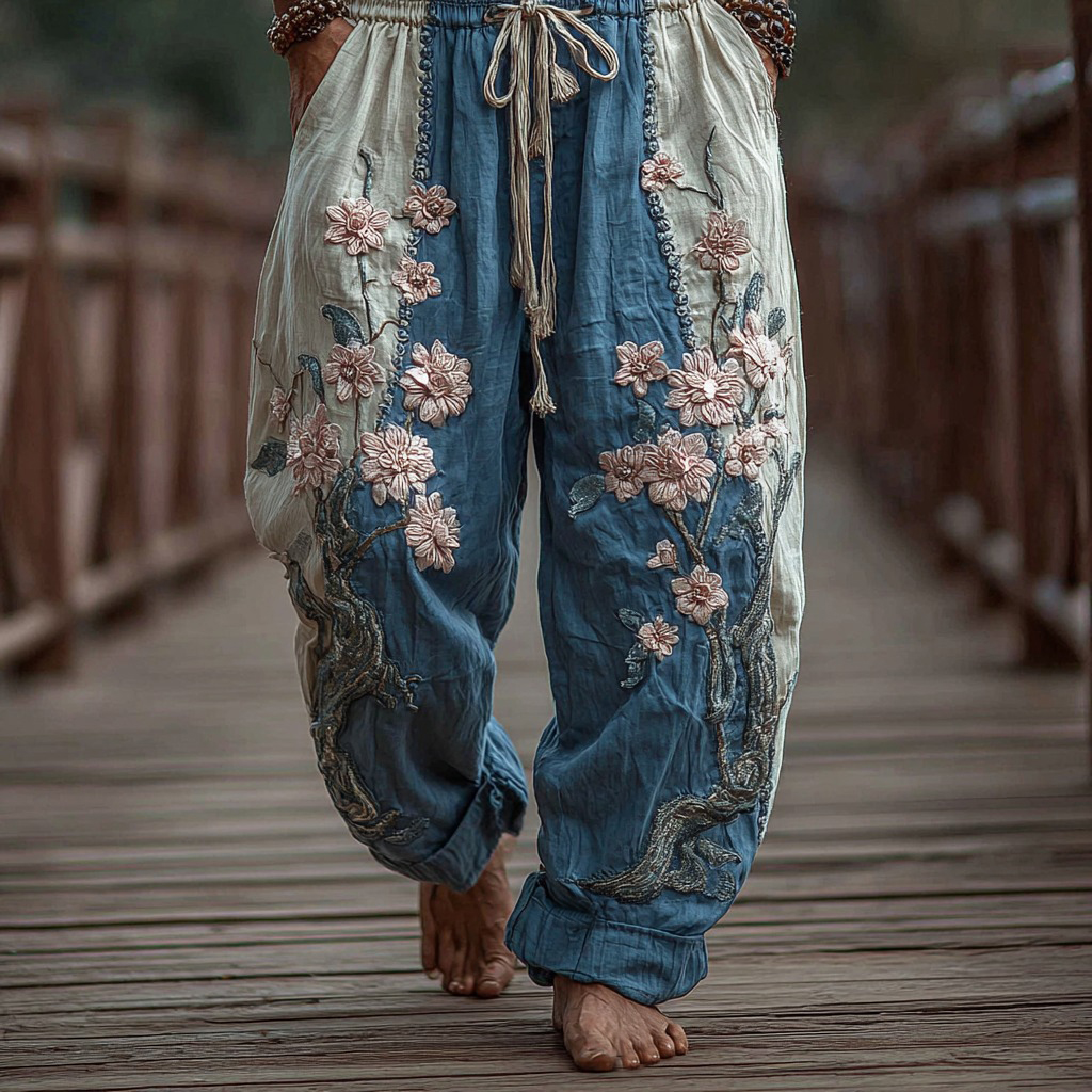 Men's Japanese Cherry Blossoms Embroidered Art Wide Leg Linen Pants - Blue