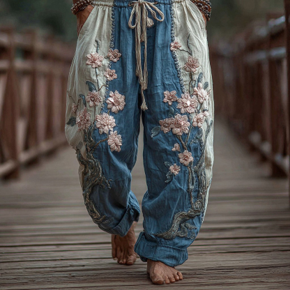 Men's Japanese Cherry Blossoms Embroidered Art Wide Leg Linen Pants - Blue