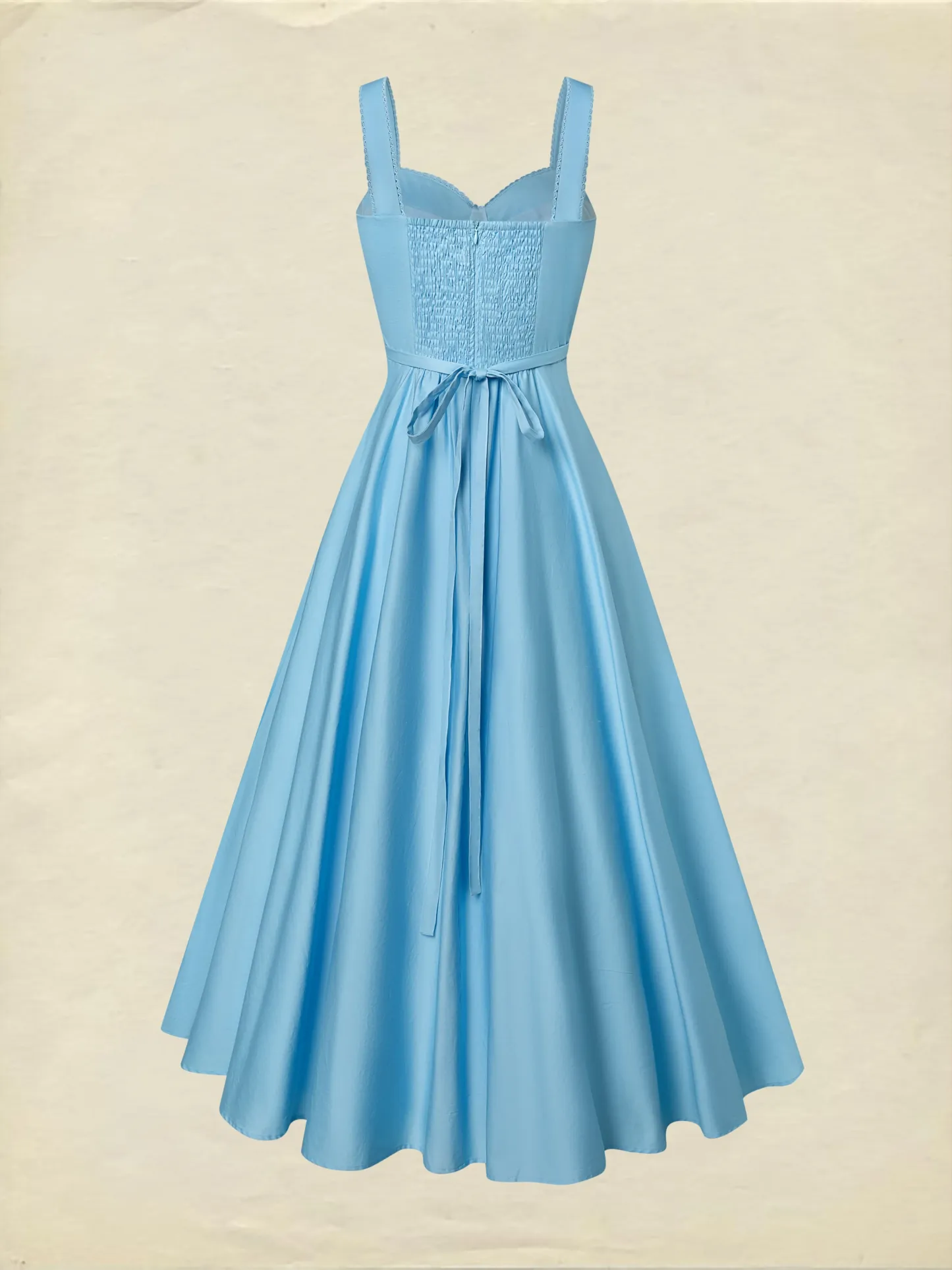 Midi Cotton Dress, Built-in Bra, Sleeveless, Sweetheart Neck, Plain, French Vintage, Blue - Blue