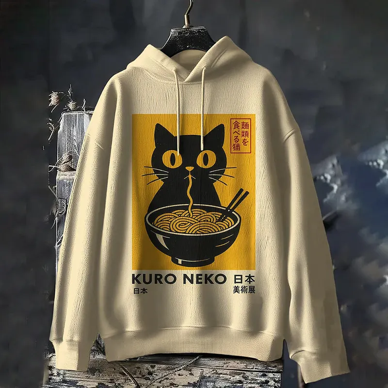 Men's Black Cat Eating Ramen Japanese Art Print Hooded Sweatshirt - Beige