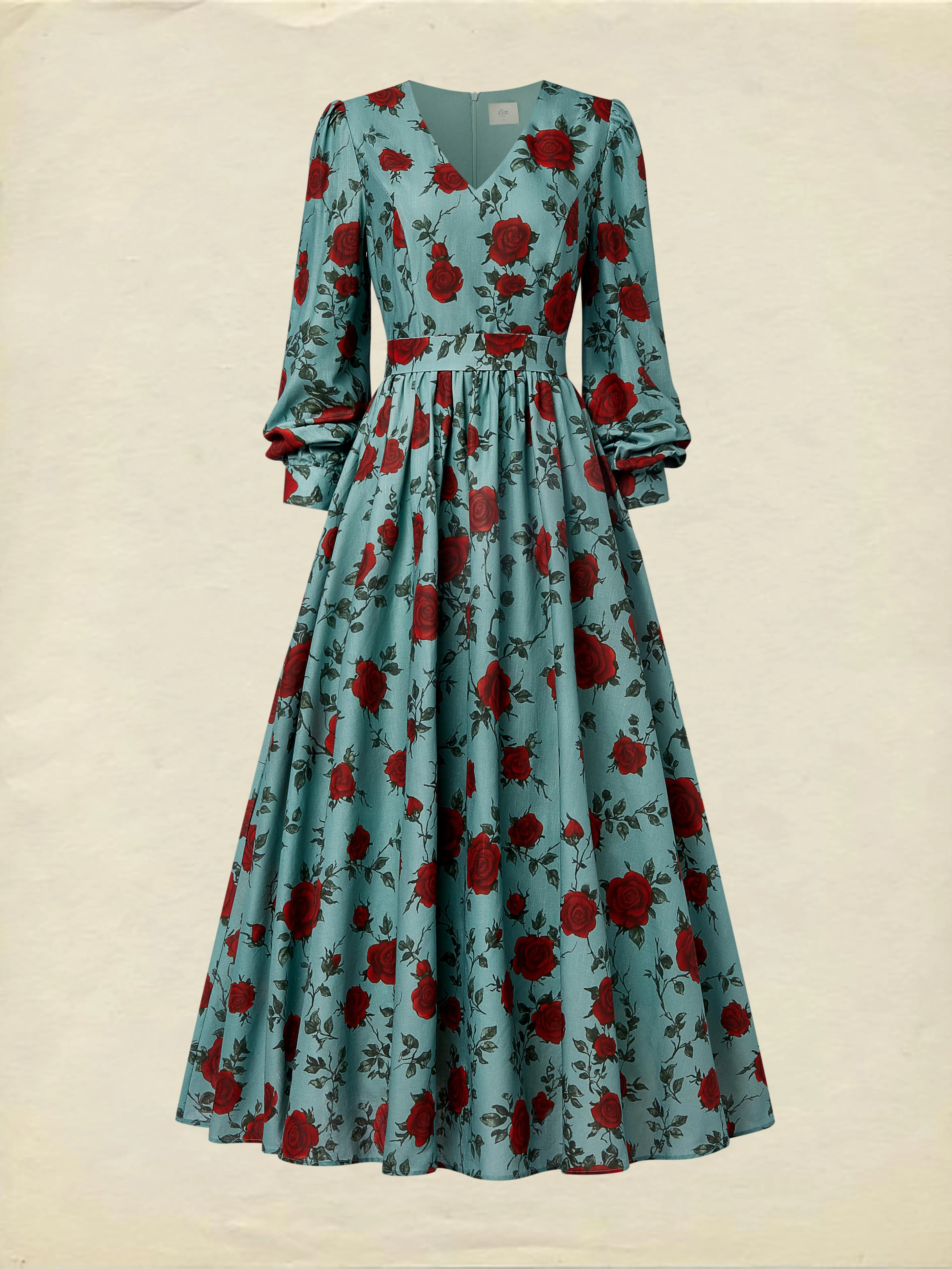 Maxi Linen Dress, Long Sleeves, V Neck, Floral, Belt Design, Vintage, Green - Green
