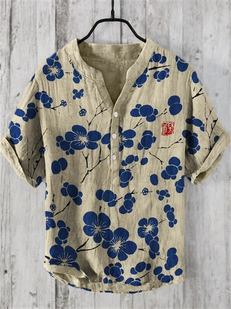 Cherry Blossom Japanese Lino Art Linen Blend Shirt - Red