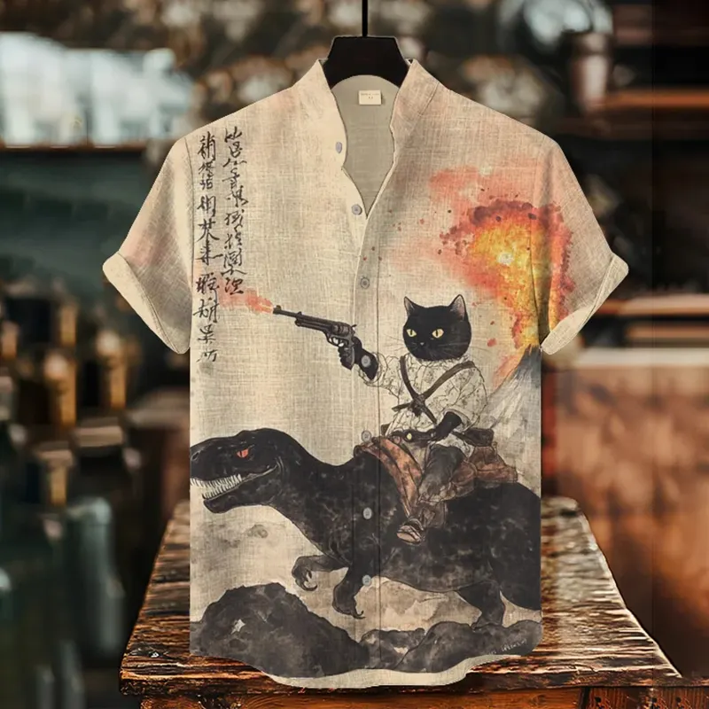 Men's Retro Calligraphy Cat Dinosaur Volcanic Eruption Print Short Sleeve Shirt - Beige