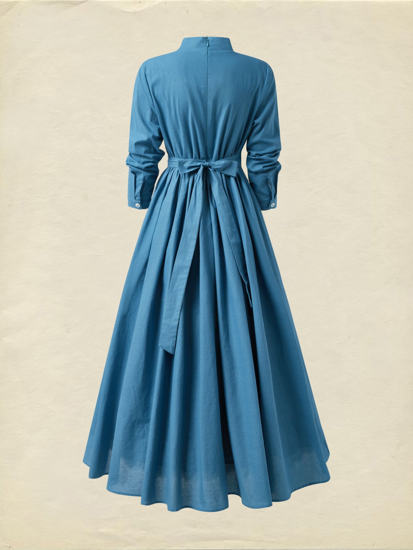 Maxi Linen Dress, Long Sleeve, Stand Collar, Button Down, Cottagecore, Linen Blend, Blue - Blue