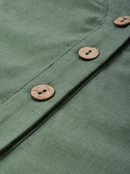 Midi Cotton Dress, Casual, Plain, Pocket Stitching, Half Open Collar, Half Sleeve, Vintage, Green  - Green