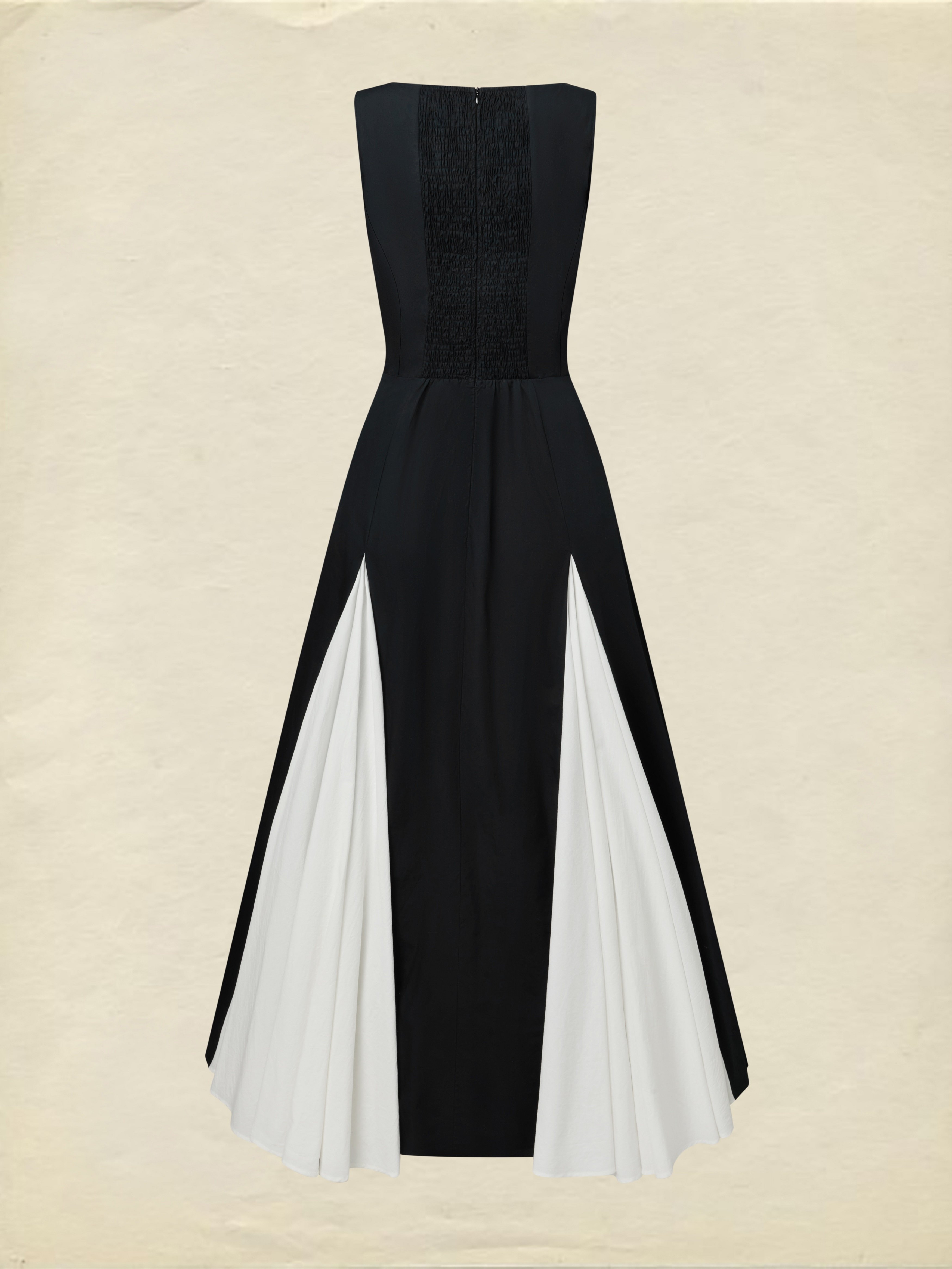 Maxi Cotton Dress, Sleeveless, V Neck, Plain, French Vintage, Black - Black