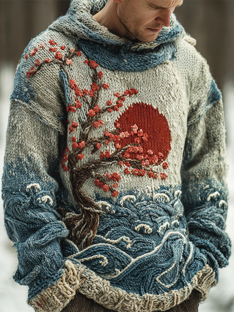 Japanese Red Sun & Ocean Art Men's Knit Hooded Sweater - Beige