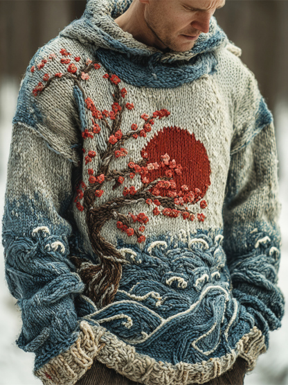 Japanese Red Sun & Ocean Art Men's Knit Hooded Sweater - Beige