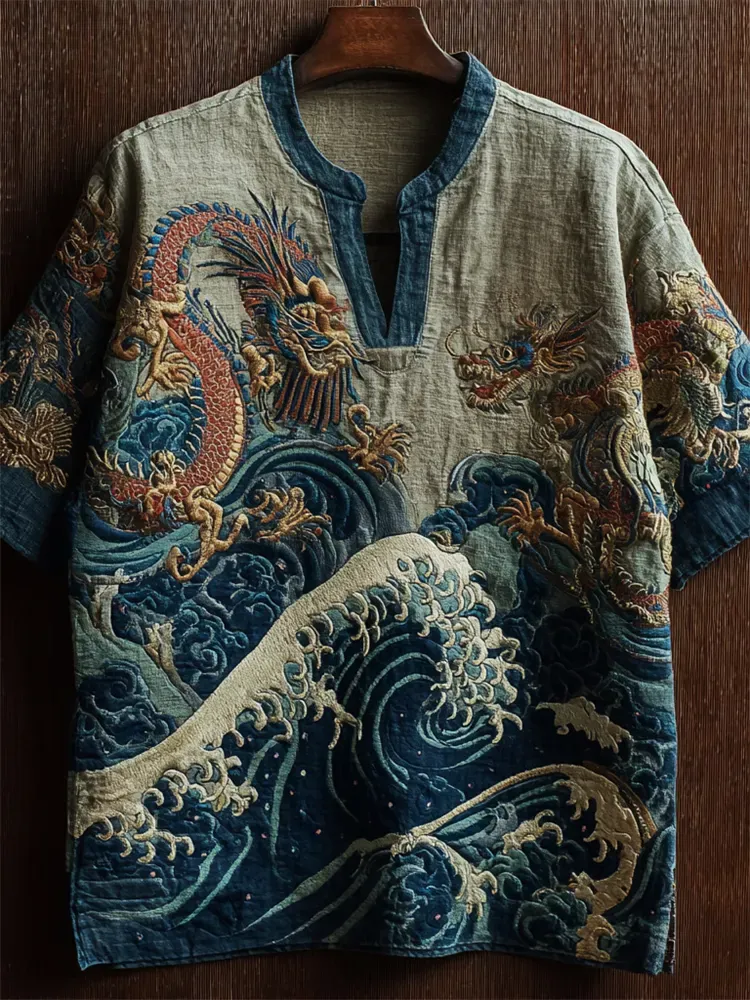 Sea Waves & Dragons Japanese Embroidered Linen Shirt - Black