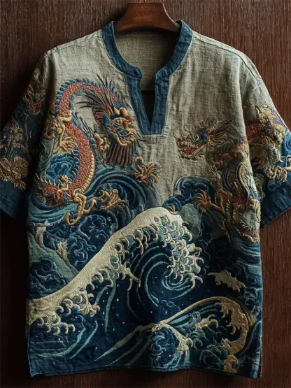 Sea Waves & Dragons Japanese Embroidered Linen Shirt - Black