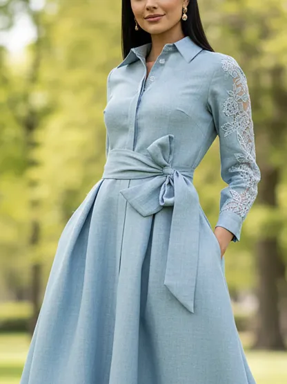 Maxi Linen Dress, Long Sleeves, Shawl Collar, Plain, Belt Design, Vintage, Blue - Blue