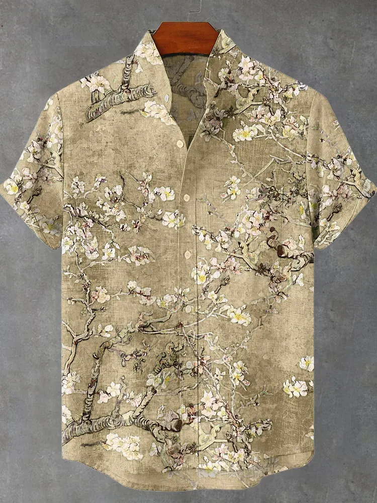 Vintage White Art Florets Print Casual Cotton Shirt - Grey
