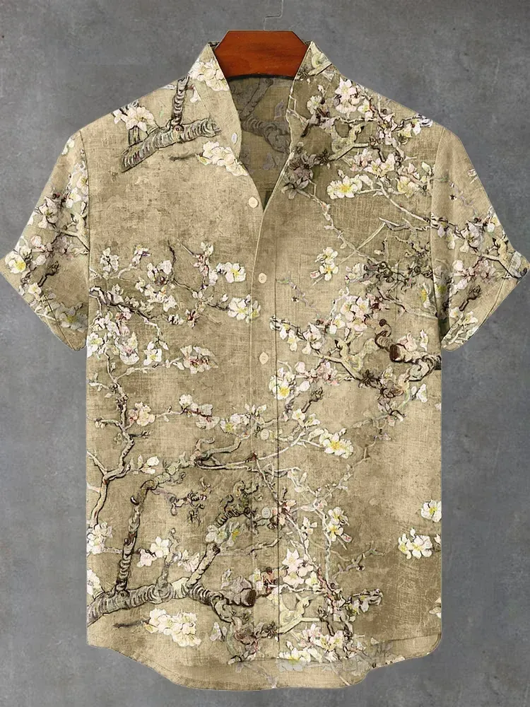Vintage White Art Florets Print Casual Cotton Shirt - Grey