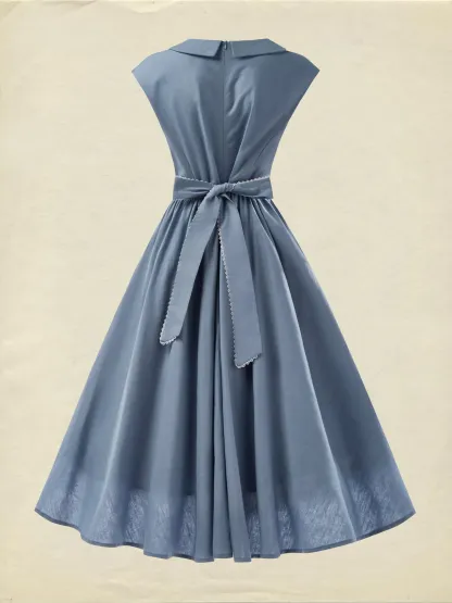 Linen Midi Dress, Sleeveless, Crew Neck, Plain, Vintage, Blue - Blue