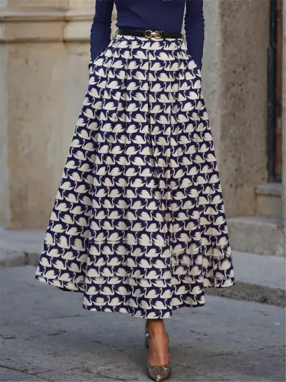 Maxi Cotton Skirt, Animal, Swan Print, Pocket Design, Vintage, Purplish Blue - Purplish Blue