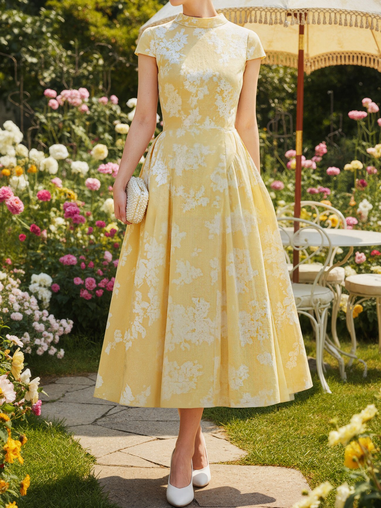 Midi Cotton Dress, Short Sleeves, Floral, French Vintage, Yellow - Yellow