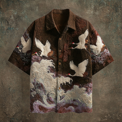 Japanese Wave & Crane Men's Casual Linen Short Sleeve Shirt - Black