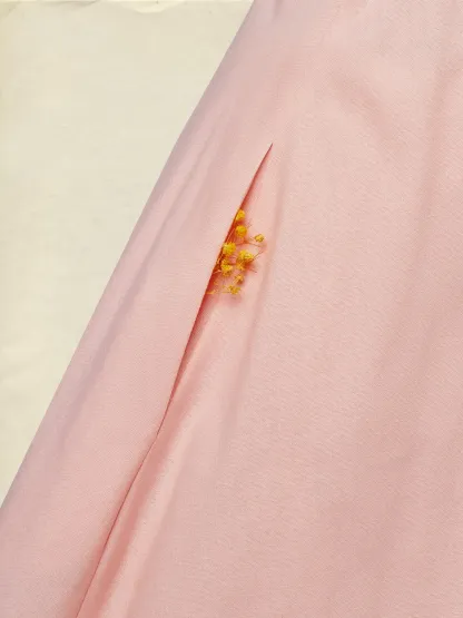 Midi Linen Dress , Half Sleeve, Round Neck, Plain, Bow, French Vintage, Light Pink - Light Pink