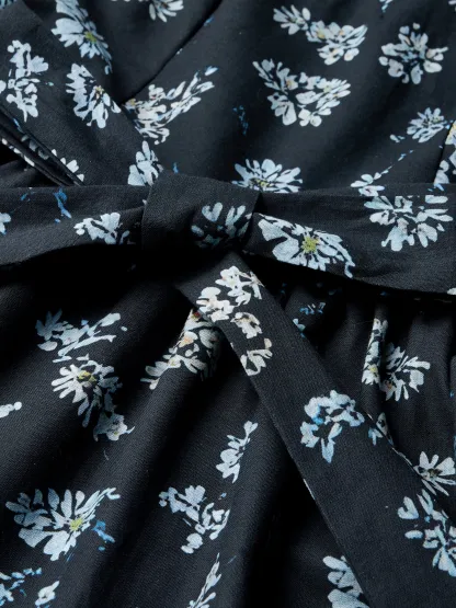 Linen Maxi Dress, V neck,  Floral, Daily, Short Sleeve, Blue - Dark Blue