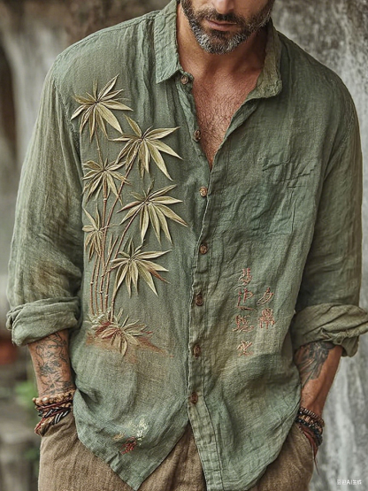 Men's Vintage Japanese Bamboo Embroidery Art Long Sleeve Linen Blend Shirt - Grey