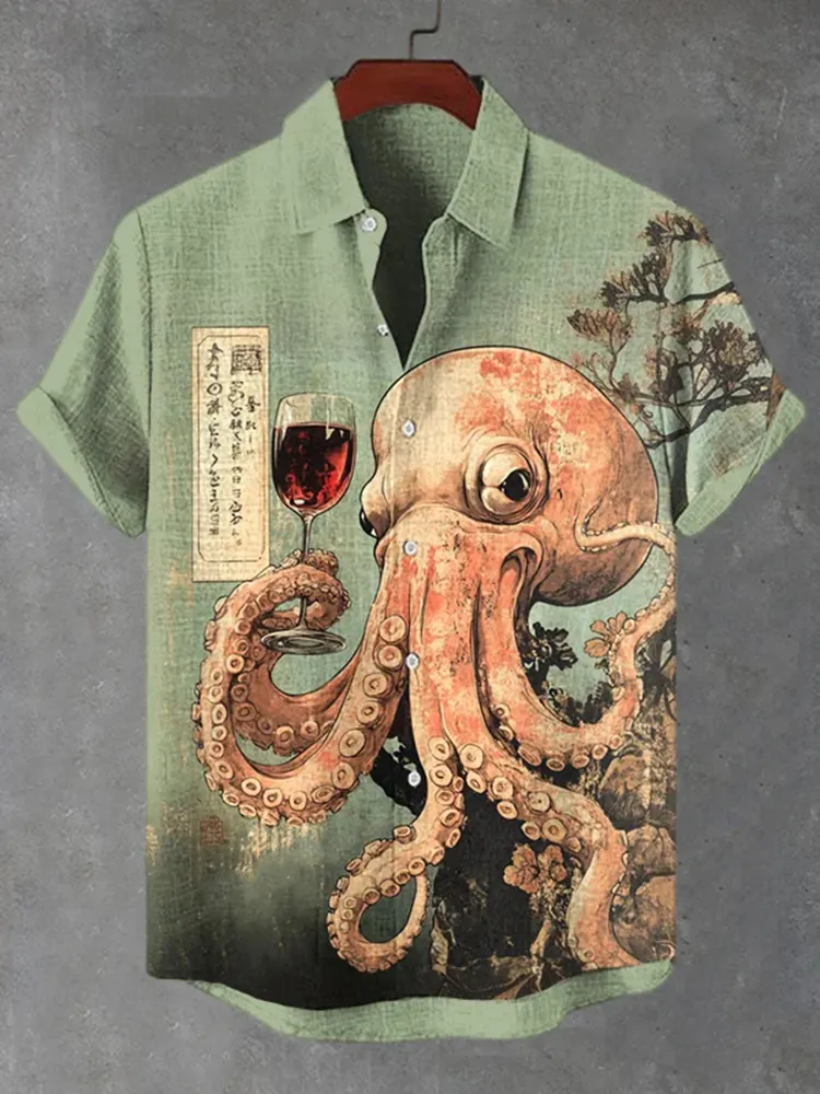Men's Octopus Drinking Red Wine Fantasy Art Print Casual Shirt - Green