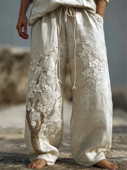 Men's White Almond Blossom Embroidered Flowy Wide Leg Linen Pants - Beige