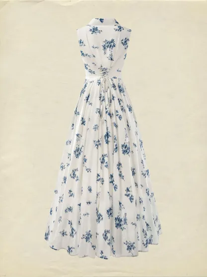 Linen Maxi Dress, Sleeveless, Shawl Collar, Floral , Vintage, White - White
