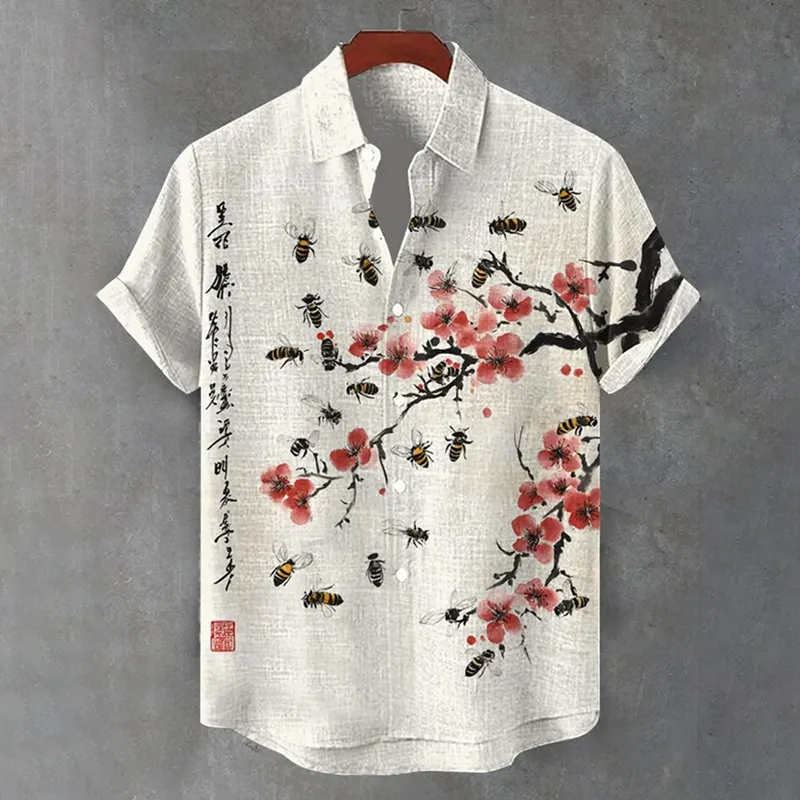 Men's A Bunch Of Bees Surround A Red Plum Blossom Art Print Short Sleeve Shirt - White